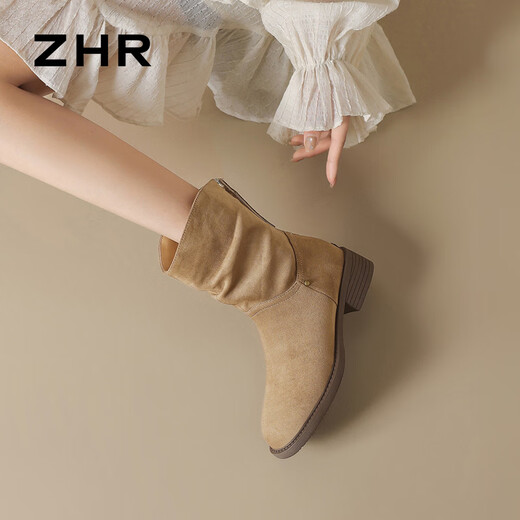 ZHR sheep cashmere elastic boots for women 2025 winter new style plus velvet retro short boots to keep warm and comfortable pile boots khaki 35