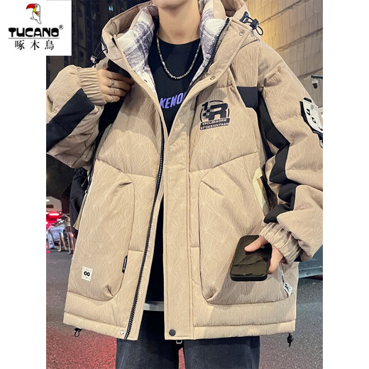 Woodpecker Down Jacket Men's Winter 2025 New Textured Workwear Jacket Men's Hooded Thickened Teenagers' Winter Winter Wear Khaki M