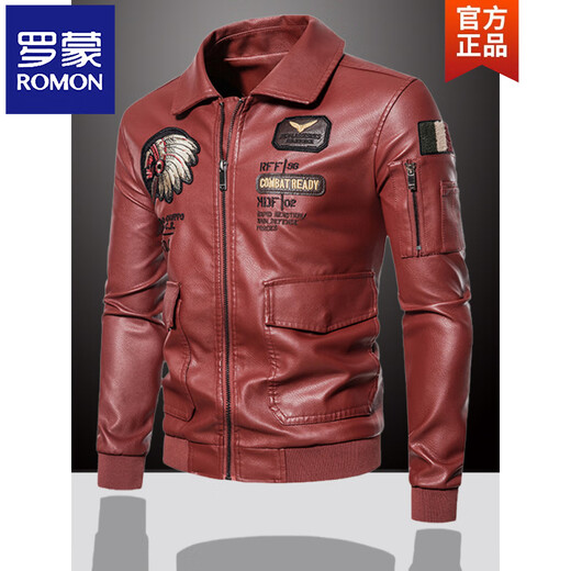 ROMON winter embroidered leather jacket men's winter clothing American handsome men's leather jacket motorcycle jacket plus velvet thickening autumn and winter black + baseball collar + no velvet L recommended 110-125 Jin Jin equals 0.5 kg