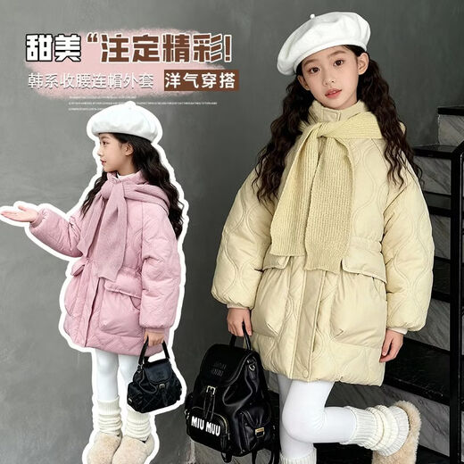 Wooden house girls' velvet thickened cotton jacket 2026 winter new Korean style medium and long versatile cotton jacket girls' large cotton jacket red with woolen hat 150