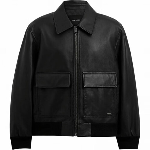 COACH FW24 Solid Color Long Sleeve Leather Jacket with Flap Pocket Men's Black Black M