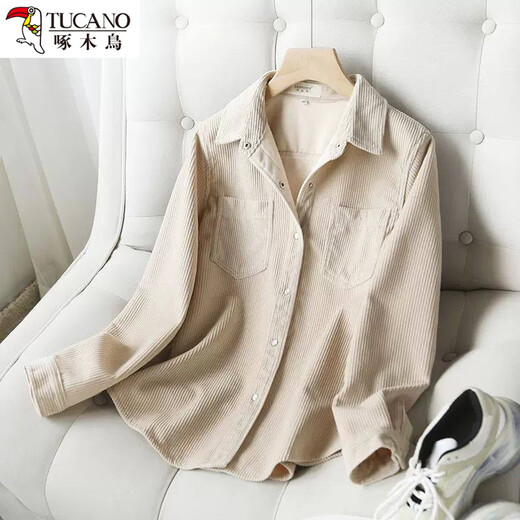 Woodpecker one-piece velvet warm autumn and winter soft corduroy shirt for women loose Korean style bottoming velvet thickened shirt top apricot-velvet thickened S