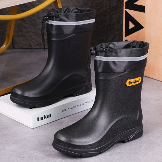 Rain boots men's non-slip wear-resistant high-top water shoes thick-soled anti-odor rain boots plus velvet warm waterproof shoes kitchen work shoes black-fixed cotton (warm) 42