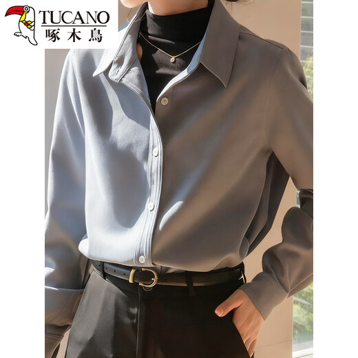 Woodpecker simple style brushed white shirt women's long-sleeved velvet thickened shirt autumn and winter professional base layering top white long sleeve S