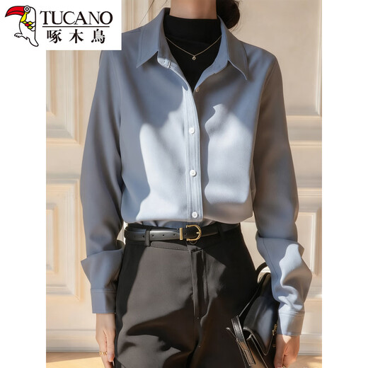 Woodpecker simple style brushed white shirt women's long-sleeved velvet thickened shirt autumn and winter professional base layering top white long sleeve S