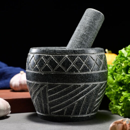 Fantasy large garlic pounder stone garlic mortar grinder stone mortar for pounding medicine, smashing pepper, peeling garlic and garlic press, hand-carved diameter 25 cm with wooden hammer