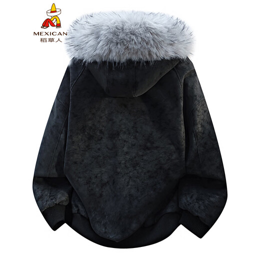 Scarecrow Mountain Carving PU Fur Collar Hooded Cotton Jacket for Men and Women Winter New Plus Velvet Thickened Warm Cotton Jacket Beige Color MY3588 L