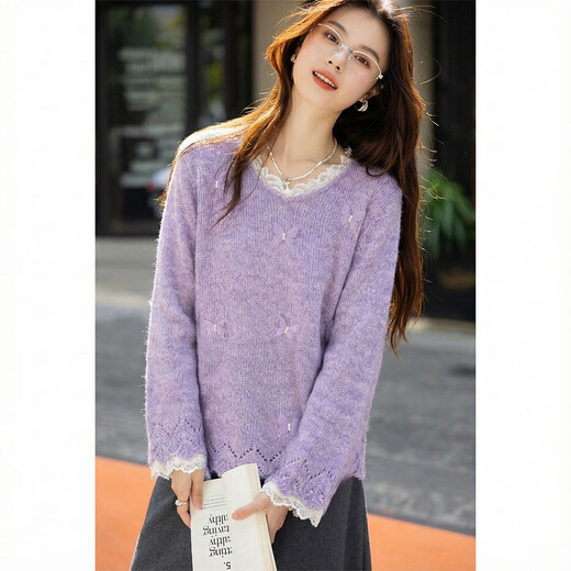 Ives (ITISF4) lace sweet sweater 26 spring new loose soft waxy lazy butterfly sweater purple one size