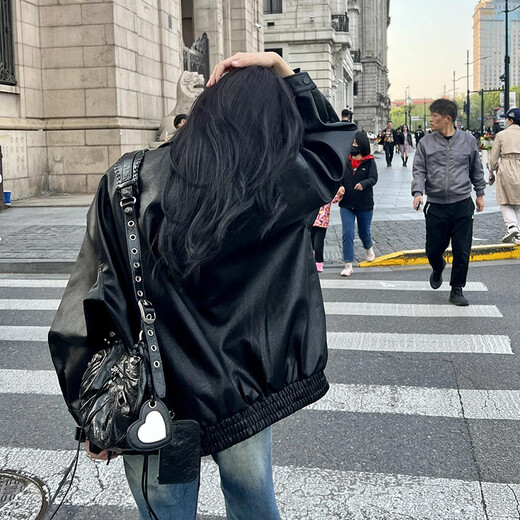 GARNUO Black Leather Jacket Women's High-Quality Small 2025 New Spring Autumn Winter American Retro Motorcycle Leather Jacket Black M 106-125Jin Jin is equal to 0.5 kg