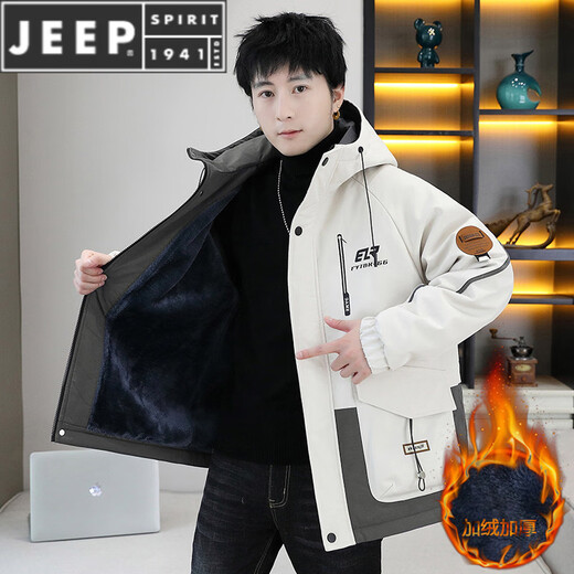 JEEP SPIRIT winter coat men's jacket hooded casual plus velvet thickened warm work jacket windbreaker 2025 new winter wear black M