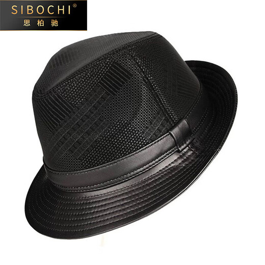 SIBOCHI autumn and winter men's top hat genuine leather hat middle-aged and elderly casual British gentleman hat sheepskin print cowboy jazz hat black Passepartout 2XL 59-60cm