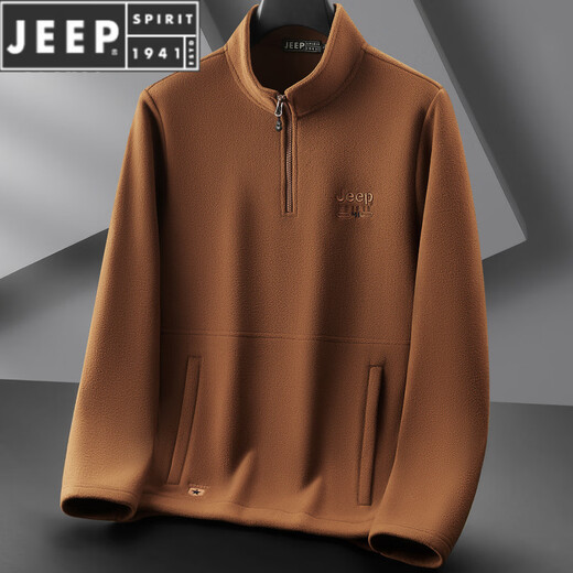 JEEP SPIRIT Jeep youth men's autumn and winter new fashion men's sweatshirt trendy embroidered half-zip jacket sweatshirt men's trend caramel color L