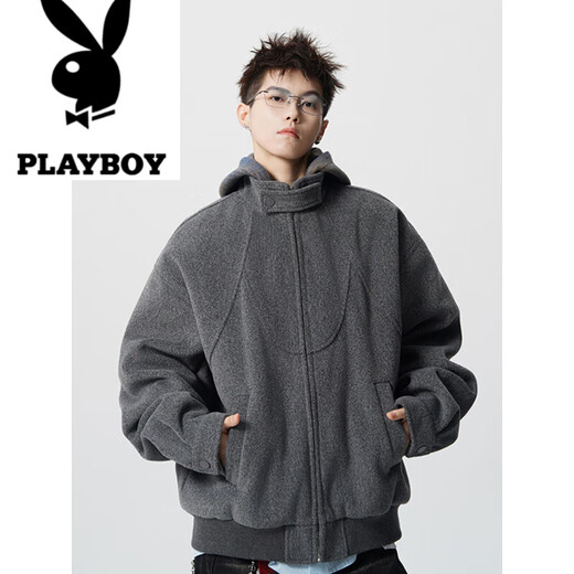 Playboy (PLAYBOY) American deconstructed splicing hooded woolen cotton jacket for men in winter trendy brand loose design thickened warm cotton jacket heather gray M