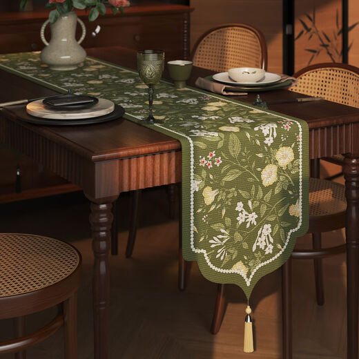 Fantasy style table runner, tablecloth, long coffee table runner, TV cabinet sideboard cover, floral tea sea, triangular rice tassel table runner, linen cloth 30x260cm (applicable to tabletop length 200220cm)