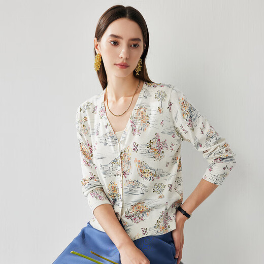 Zhaojun spring and summer mulberry silk new high-end printed sweater women's V-neck long-sleeved cardigan thin top Yunduo White M