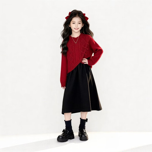 Girls red New Year's wear sweater dress suit autumn and winter children's fashion girls' New Year's greetings two-piece set red sweater vest + skirt suit 160