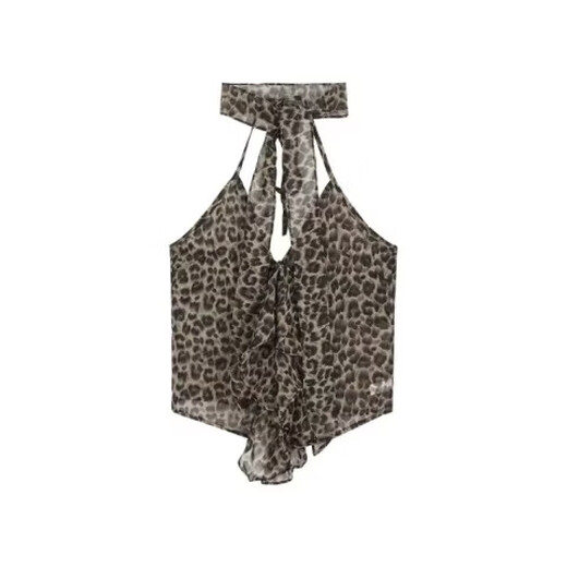 American hot girl leopard print backless halterneck camisole women's summer tight inner wear short outer sexy top leopard print S