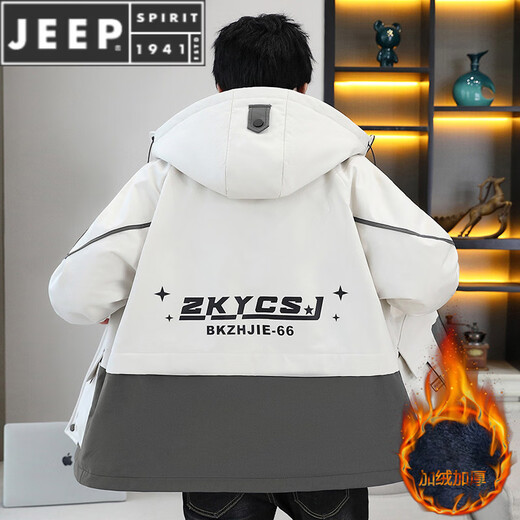 JEEP SPIRIT winter coat men's jacket hooded casual plus velvet thickened warm work jacket windbreaker 2025 new winter wear black M