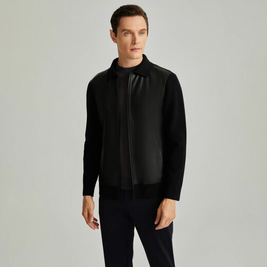 SATCHI Sheep Leather Lapel Zipper Solid Color Business Casual Comfortable Warm Leather Jacket Men's Black Black One Size 48