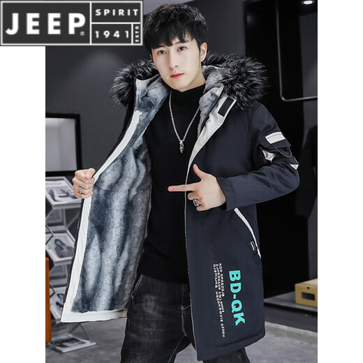 JEEP SPIRIT hooded jacket for men in autumn and winter plus velvet warm parka jacket mid-length style wind clothes men's cotton coat BDQ black gray XL about (135-155Jin Jin is equal to 0.5kg can be worn)