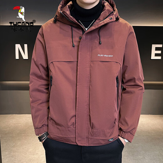啄木鸟（TUCANO）二棉男装秋冬季2026新款连帽外套男士冲锋衣款夹克夹棉加厚上衣服 黑色 L