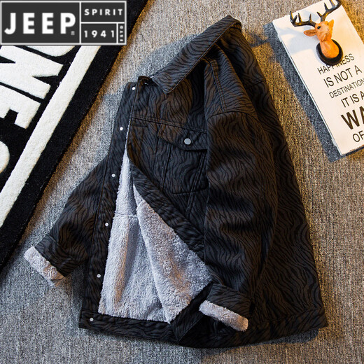 JEEP SPIRIT's new heavyweight zebra pattern jacket men's autumn and winter thickened velvet denim jacket men's warm winter wear JRHP27 XL