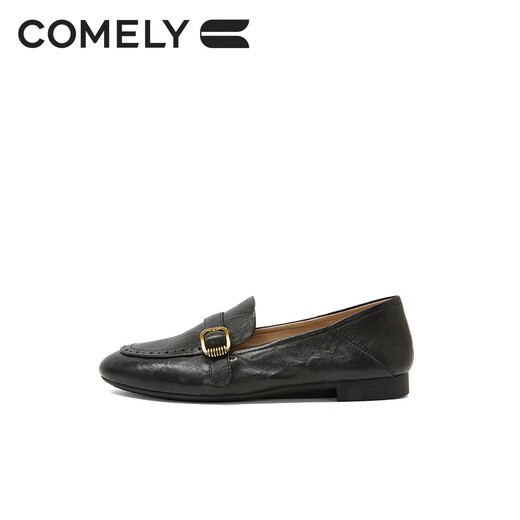 Kangli soft-soled sheepskin loafers for women 26 spring new round-toe metal buckle genuine leather carved commuting small leather shoes British black 37