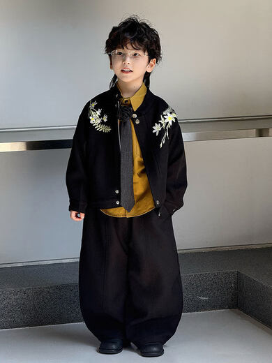 Pi Shuai Children's Jacket 2025 New National Style New Chinese Suit Boys Fashionable Trendy Autumn and Winter Jackets Tops All the Way Flower Jacket + Black Pants + Blue Striped Shirt cm Recommended Weight 5365 Jin Jin is equal to 0.5 kg 140