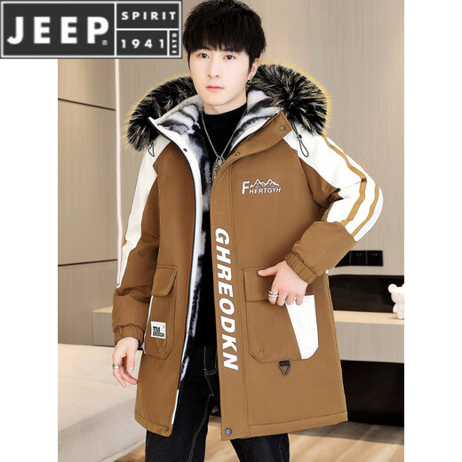 JEEP SPIRIT冬季派克服男士冲锋衣加绒加厚夹克男冬装棉服中长款风衣保暖外套 黑色【加 绒加 厚】 M 【80-100斤】