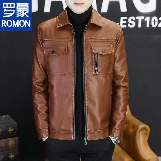 ROMON leather men's jacket Haining motorcycle lapel velvet warm autumn and winter young and middle-aged men's slim leather jacket pocket style black velvet thickened M recommended 90-115 Jin Jin equals 0.5 kg