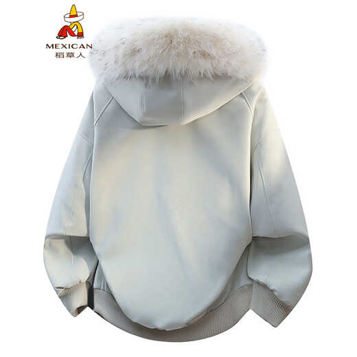 Scarecrow Mountain Carving PU Fur Collar Hooded Cotton Jacket for Men and Women Winter New Plus Velvet Thickened Warm Cotton Jacket Beige Color MY3588 L
