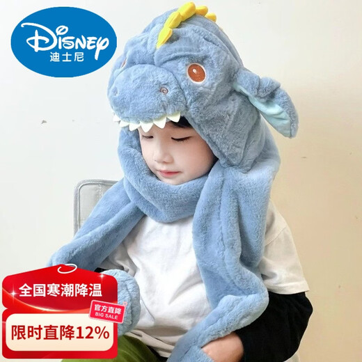 Disney children's hat and scarf all-in-one boy's winter dinosaur with moving ears to keep warm three-piece set of baby face and ear protection hat, dinosaur green (ears can move) 2 years old - 5 years old (hat circumference 48-52cm) (velvet lining) one size fits all
