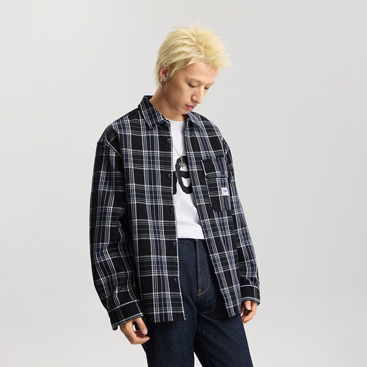 Lee shopping mall's same 26 spring and summer new product, comfortable version of work pocket design, black plaid men's long-sleeved shirt, trendy black XL