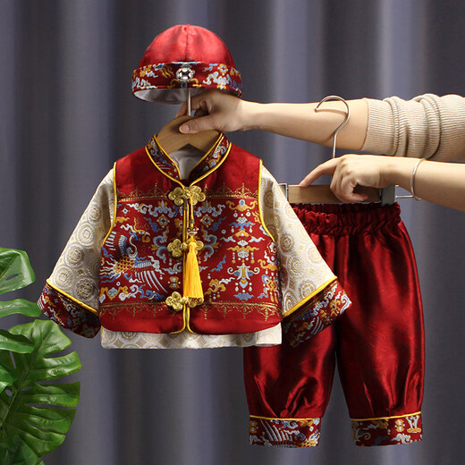 Disney one-year-old dress for baby boy in autumn and winter New Year's greetings Chinese style red weekly dress Western style baby birthday crown red one inch joy 90 Recommended height is about 85cm