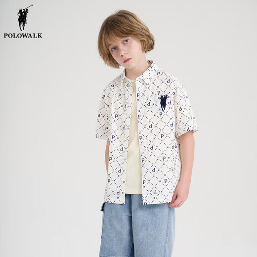 POLOWALK children's summer shirt boys' short-sleeved top shirt loose, comfortable and fashionable white 110 cm