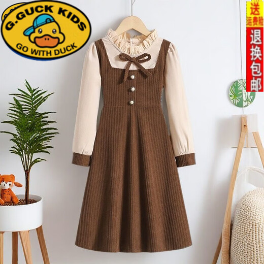 G.duck girls' fake two-piece dress autumn 2025 new medium and large children's sweet corduroy skirt fashionable princess dress khaki 120 fake two-piece suspender skirt
