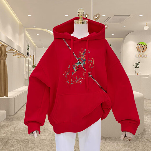 Children's velvet red sweatshirt 2026 Year of the Horse and zodiac year parent-child wear Spring and Autumn Thin Style-Big Red-Colorful Pony_Shopping mall quality 110 cm_Children's clothing without hooded rope