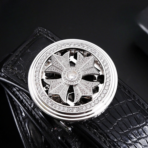 LISM Light Luxury High-end Men's Belt Genuine Leather Products Shi Lai Run Crocodile Leather Smooth Buckle Belt Men's Silver Buckle Black Belt 125cm