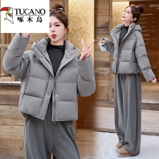 Woodpecker hooded short down jacket for women winter 2025 new style small high-end fashion style thickened white duck down jacket light gray thin S