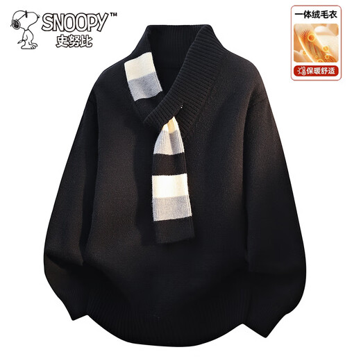 Snoopy (SNOOPY) sweater men's autumn and winter versatile thickened color-blocked top breathable one-piece velvet warm sweater black 2XL
