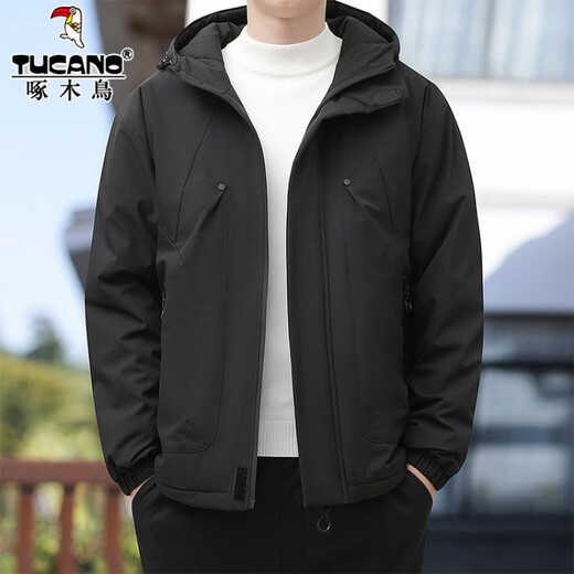 Woodpecker cold-resistant cotton coat men's winter fashion versatile plus velvet thickened bread coat hooded cotton jacket large size warm cotton coat 87022 black L