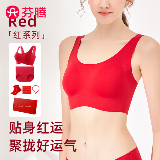 Fenton zodiac year red underwear set for women, push-up seamless bra, seamless underwear, gift box set, gift box set, bra + underwear + socks + extension buckle + bracelet M (70B70C75A)