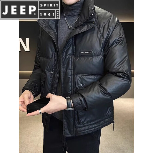 JEEP SPIRIT Leather Down Jacket Men's Winter 2025 New Men's Youth Short Winter Wear Thickened Stand Collar Jacket Army Green M