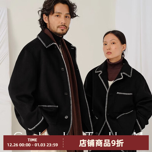CULTUM【双面纯羊毛 男女同款】秋冬加厚双面呢短款毛呢大衣男夹克外套 黑色 L (52)
