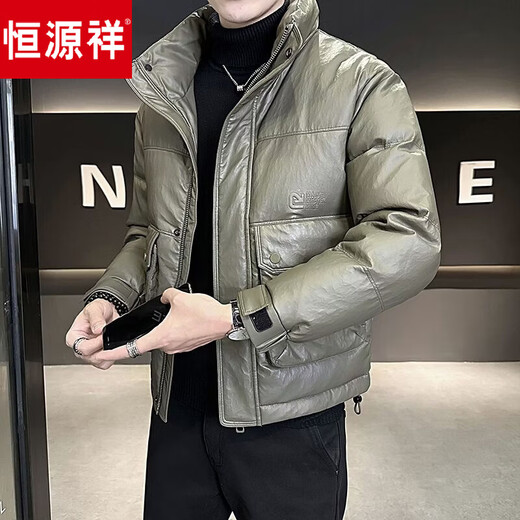 Hengyuanxiang down jacket men's winter 2026 new hooded short style high-end thickened warm jacket military green L 115-130Jin Jin equals 0.5 kg