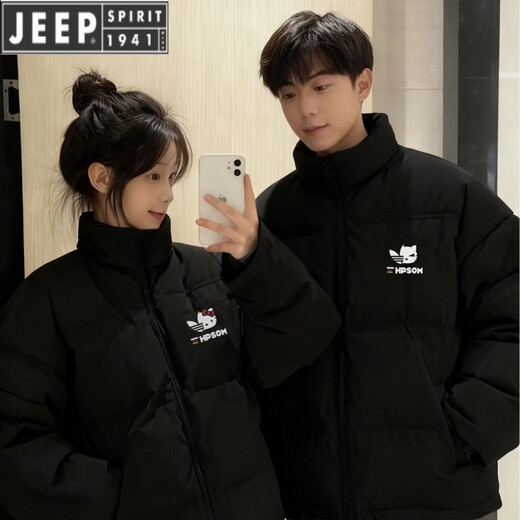 JEEP SPIRIT Autumn and Winter Couple's Cotton Clothes 2026 New Winter American Style Niche Trendy Brand Thickened Down Jacket Men's Black + Women's Black M Men's XL + Women