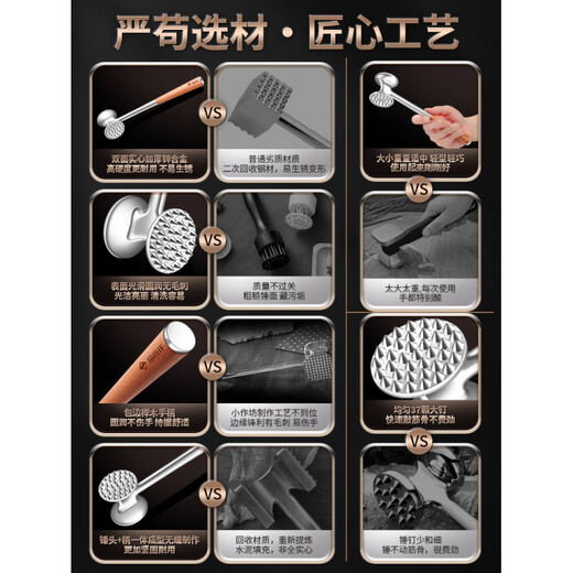 何佳功手打牛肉丸专用锤 实心双面多功能敲肉锤轻型轻巧不累手厨房专用 锌合金实心肉锤【榉木手柄/轻量化设计】