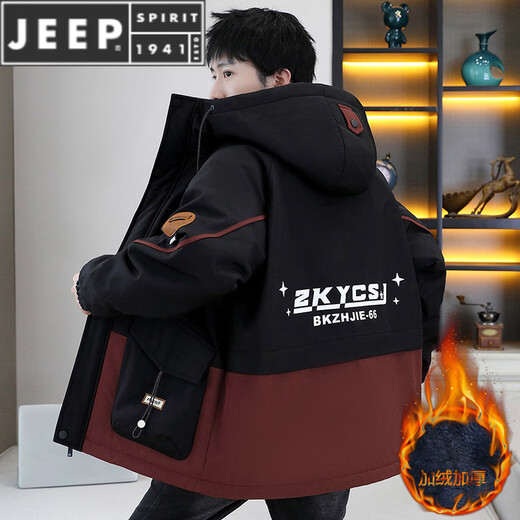JEEP SPIRIT winter coat men's jacket hooded casual plus velvet thickened warm work jacket windbreaker 2025 new winter wear black M