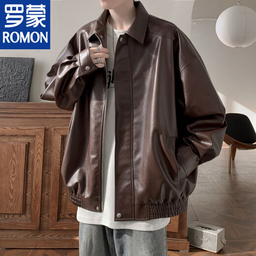 ROMON winter leather jacket men's velvet thickened American high street motorcycle jacket handsome loose casual pu leather top with black German velvet lining M The quality is higher than that of its peers