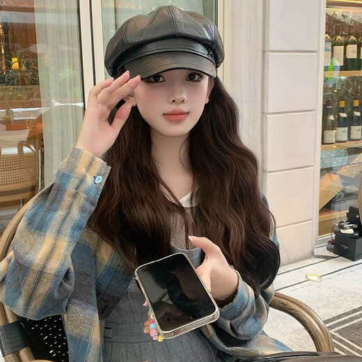 Beret PU leather octagonal hat for women, literary retro leather hat, autumn and winter newsboy hat, British versatile duck bill painter hat, brown M (56-58cm